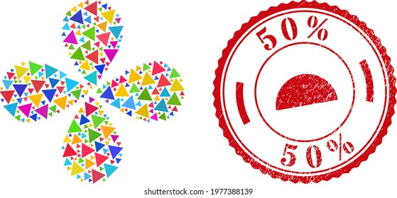 Triangle colorful twirl flower cluster, and red round 50 percent unclean stamp seal. Triangle symbol inside round stamp seal. Element cluster organized from random triangle items.