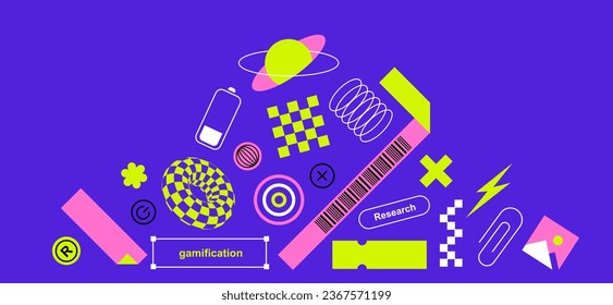 Triangle composition with Trendy stickers. UI elements for illustration. Vaporwave geometric elements, Retro Synthwave shapes. Cyberpunk aesthetic, Flat graphic design. Neon colors, zine aesthetic.