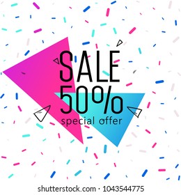 Triangle Concept Banner with on shiny background. 50 percent discount