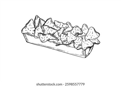 Triangle corn nachos chips in rectangle disposable cardboard tray vector line art black ink sketch. Monochrome hand drawn crunchy snack in paper package. Fast food illustration for menu design