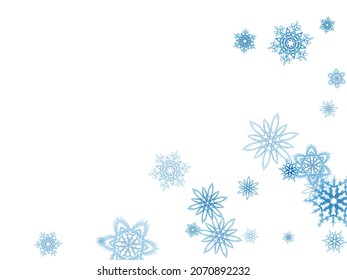 Marco de esquina triangular o borde de copo de nieve azul sobre fondo blanco.  Marco rectangular con pequeños copos azules de nieve por todas partes. Fondo brillante en polvo.