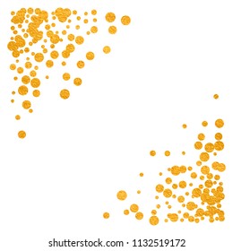 Triangle corner gold frame or border with glitter particles effect. Golden dust sparkling texture. Use for banner, greeting and Christmas card, postcard, wedding invitation. Vector illustration.