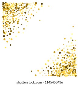 Triangle corner gold frame or border with glitter particles effect. Golden dust sparkling texture. Use for banner, greeting and Christmas card, postcard, wedding invitation. Vector illustration.
