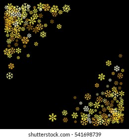 Triangle corner gold frame or border of scatter golden snowflakes on black background. Design element for festive banner, birthday and greeting card, postcard, wedding invitation. Vector illustration.