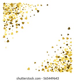 Triangle corner gold frame or border of random scatter hearts. Design for festive banner, greeting card, postcard, wedding invitation, Valentines day and save the date card. Vector illustration.