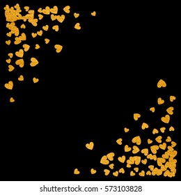 Triangle corner gold frame or border of random scatter hearts. Design for festive banner, greeting card, postcard, wedding invitation, Valentines day and save the date card. Vector illustration.