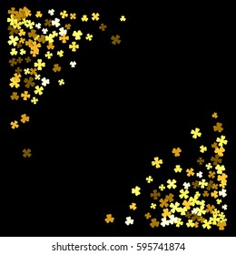 Triangle corner gold frame or border of random scatter clover leaves. Elegant St. Patricks day design for festive banner, greeting card, postcard, invitation, flyer, poster. Vector illustration.