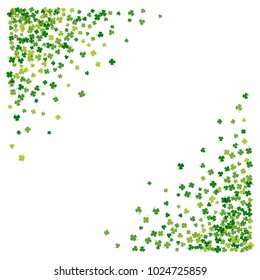 Triangle corner green frame or border of random scatter transparent clover leaves with tail. St Patricks day design for festive banner, greeting card, postcard, invitation, flyer. Vector illustration.