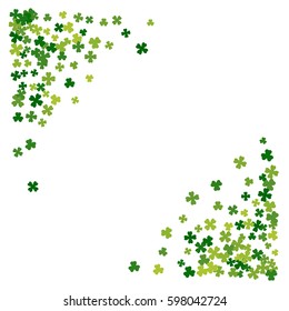 Triangle corner green frame, border or background of random scatter clover leaves. Elegant St. Patricks day design for festive banner, greeting card, postcard, flyer. Vector illustration.