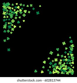 Triangle corner green frame, border or background of random scatter clover leaves. Elegant St. Patricks day design for festive banner, greeting card, postcard, flyer. Vector illustration.