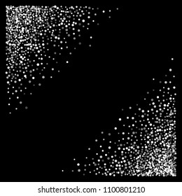 Triangle corner silver frame or border with glitter particles effect. Argent dust sparkling texture. Use for banner, greeting and Christmas card, postcard, wedding invitation. Vector illustration.