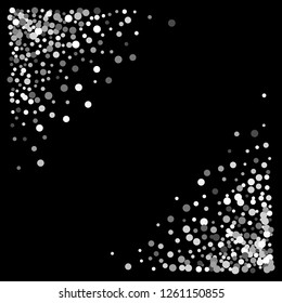 Triangle corner silver frame or border with glitter particles effect. Argent dust sparkling texture. Use for banner, greeting and Christmas card, postcard, wedding invitation. Vector illustration.
