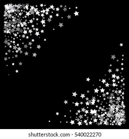 Triangle corner silver frame or border of random scatter stars on black background. Design element for festive banner, birthday and greeting card, postcard, wedding invitation. Vector illustration.