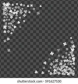 Triangle corner white frame or border of random scatter transparent clover leaves. St. Patricks day design for festive banner, greeting card, postcard, invitation, flyer, poster. Vector illustration.