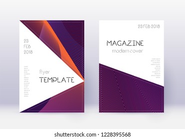 Triangle cover design template set. Violet abstract lines on dark background. Indelible cover design. Unusual catalog, poster, book template etc.