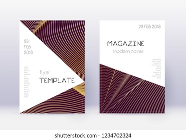 Triangle cover design template set. Gold abstract lines on maroon background. Impressive cover design. Fresh catalog, poster, book template etc.