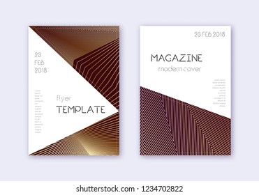 Triangle cover design template set. Gold abstract lines on maroon background. Impressive cover design. Classy catalog, poster, book template etc.