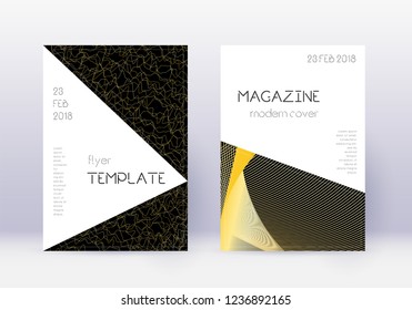 Triangle cover design template set. Gold abstract lines on black background. Impressive cover design. Adorable catalog, poster, book template etc.