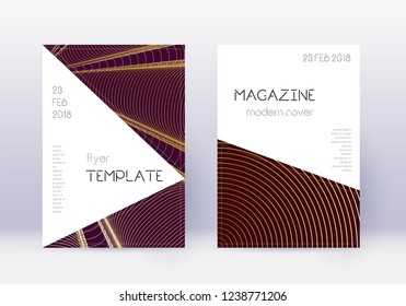 Triangle cover design template set. Gold abstract lines on maroon background. Impressive cover design. Favorable catalog, poster, book template etc.