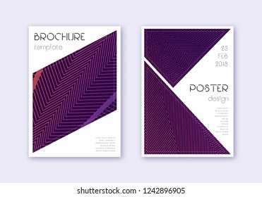 Triangle cover design template set. Violet abstract lines on dark background. Immaculate cover design. Impressive catalog, poster, book template etc.