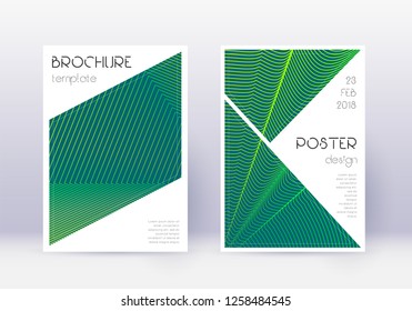 Triangle cover design template set. Green abstract lines on dark background. Ideal cover design. Admirable catalog, poster, book template etc.