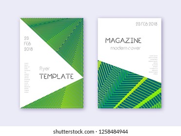 Triangle cover design template set. Green abstract lines on dark background. Impressive cover design. Neat catalog, poster, book template etc.