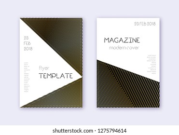 Triangle cover design template set. Gold abstract lines on black background. Immaculate cover design. Splendid catalog, poster, book template etc.
