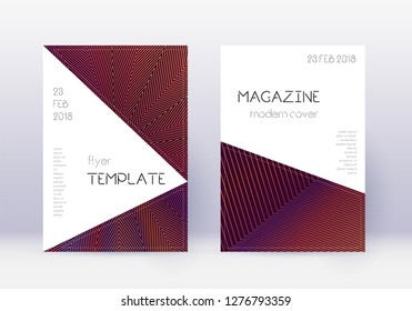 Triangle cover design template set. Orange abstract lines on wine red background. Incredible cover design. Magnificent catalog, poster, book template etc.