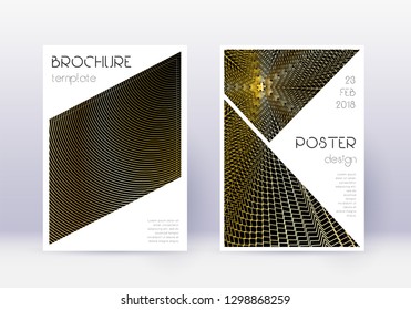 Triangle cover design template set. Gold abstract lines on black background. Great cover design. Excellent catalog, poster, book template etc.