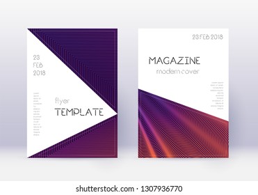 Triangle cover design template set. Violet abstract lines on dark background. Interesting cover design. Bizarre catalog, poster, book template etc.