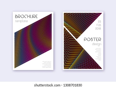 Triangle cover design template set. Rainbow abstract lines on wine red background. Imaginative cover design. Magnificent catalog, poster, book template etc.