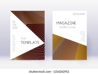 Triangle cover design template set. Gold abstract lines on maroon background. Impressive cover design. Fabulous catalog, poster, book template etc.