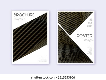 Triangle cover design template set. Gold abstract lines on black background. Great cover design. Magnetic catalog, poster, book template etc.
