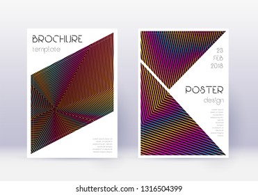 Triangle cover design template set. Rainbow abstract lines on wine red background. Imaginative cover design. Stylish catalog, poster, book template etc.