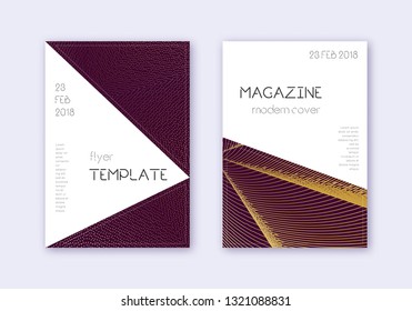 Triangle cover design template set. Gold abstract lines on maroon background. Impressive cover design. Enchanting catalog, poster, book template etc.