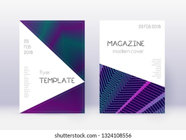 Triangle cover design template set. Neon abstract lines on dark blue background. Impressive cover design. Uncommon catalog, poster, book template etc.