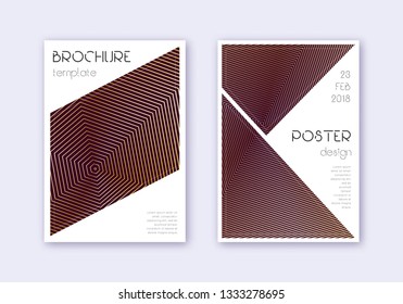 Triangle cover design template set. Gold abstract lines on maroon background. Great cover design. Resplendent catalog, poster, book template etc.