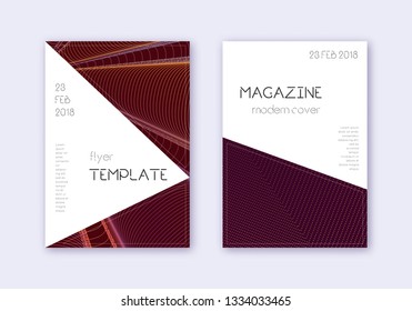 Triangle cover design template set. Orange abstract lines on wine red background. Incredible cover design. Impressive catalog, poster, book template etc.