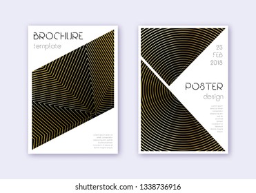 Triangle cover design template set. Gold abstract lines on black background. Great cover design. Curious catalog, poster, book template etc.