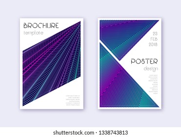 Triangle cover design template set. Neon abstract lines on dark blue background. Ideal cover design. Grand catalog, poster, book template etc.