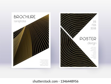 Triangle cover design template set. Gold abstract lines on black background. Great cover design. Gorgeous catalog, poster, book template etc.