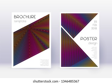 Triangle cover design template set. Rainbow abstract lines on wine red background. Imaginative cover design. Precious catalog, poster, book template etc.