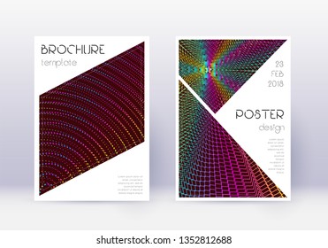 Triangle cover design template set. Rainbow abstract lines on wine red background. Imaginative cover design. Impressive catalog, poster, book template etc.