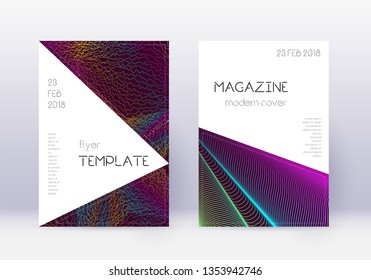 Triangle cover design template set. Rainbow abstract lines on wine red background. Indelible cover design. Dramatic catalog, poster, book template etc.