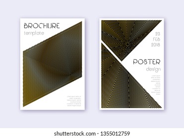 Triangle cover design template set. Gold abstract lines on black background. Great cover design. Ideal catalog, poster, book template etc.