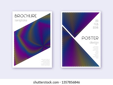 Triangle cover design template set. Rainbow abstract lines on dark blue background. Imaginative cover design. Exceptional catalog, poster, book template etc.