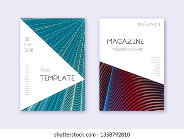 Triangle cover design template set. Red white blue abstract lines on dark background. Indelible cover design. Powerful catalog, poster, book template etc.