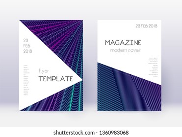 Triangle cover design template set. Neon abstract lines on dark blue background. Impressive cover design. Sublime catalog, poster, book template etc.