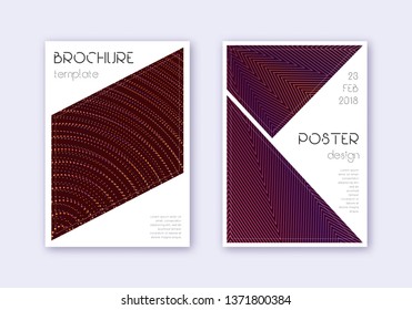 Triangle cover design template set. Orange abstract lines on wine red background. Ideal cover design. Valuable catalog, poster, book template etc.