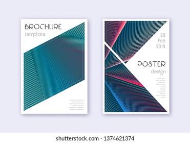 Triangle cover design template set. Red white blue abstract lines on dark background. Immaculate cover design. Cool catalog, poster, book template etc.